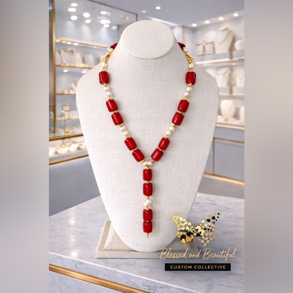 Elegant African Coral, Pearl and Gold Handmade Beaded Necklace